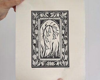 Bluebell Linocut Print: Limited Edition Black Ink Nature Art