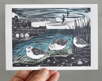 Sanderlings at Strand Wharf - bird woodcut print Art/Greetings Card