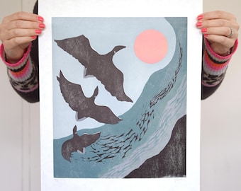 Limited Edition Woodcut Print: Goose Bird Landscape, The Compass Goose