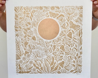 Gold Botanical Linocut Print: Signed Limited Edition Nature Art