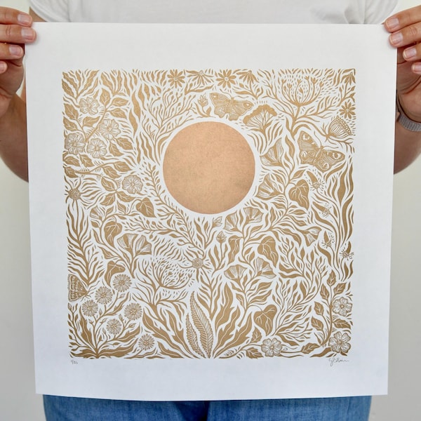 Gold botanischer Linoldruck: signierte limitierte Naturkunst