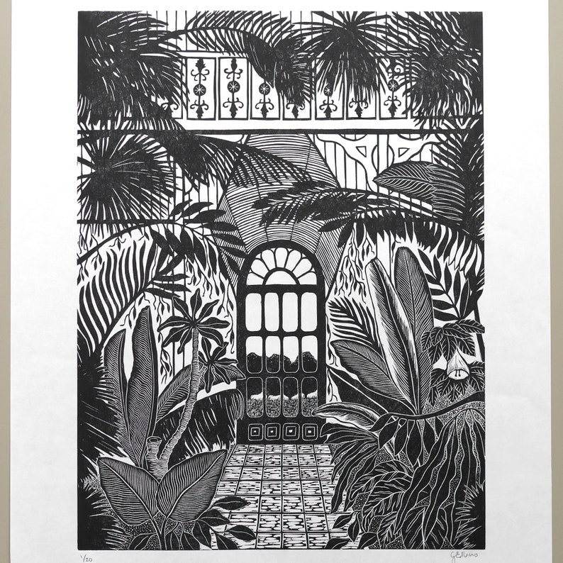 The Palm House Original Limited Edition Lino print, Linocut print, Hand printed, Kew Gardens, Black ink print, nature print, exotic print image 3