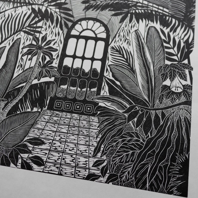The Palm House Original Limited Edition Lino print, Linocut print, Hand printed, Kew Gardens, Black ink print, nature print, exotic print image 7