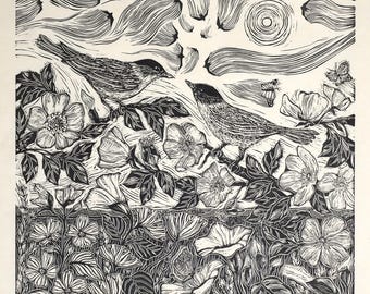 Summer Solstice Walk Linocut Print: Black Ink Bird Print, Limited Edition
