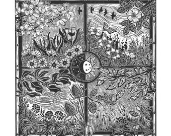 Turning Seasons Botanical Linocut Print | Original Handmade Block Print | Nature Wall Art | Limited Edition Black Ink
