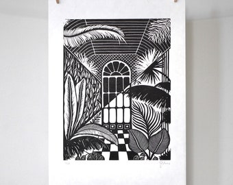 The Glasshouse - Original Limited Edition Lino print, Linocut, Botanical print, Hand printed, Kew Gardens, black ink print, nature print