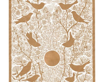 Gold Botanical Bird Linocut Print: Signed Limited Edition Nature Art