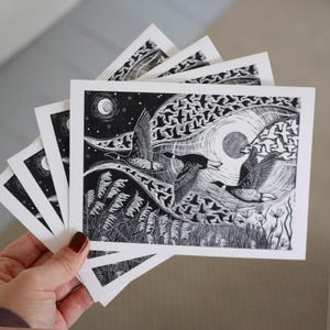 Visiteurs d'hiver - impression gravure sur bois d'oies Art/carte de voeux