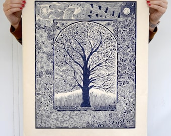 Seasons Tree Linocut Print: Limited Edition Blue Ink Nature Art