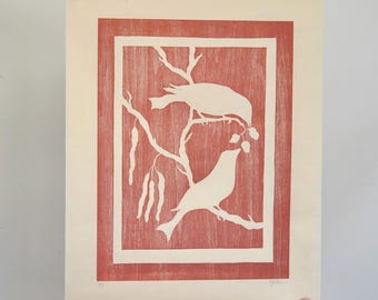 Linnet Bird Woodcut Print: Sienna Ink, Limited Edition