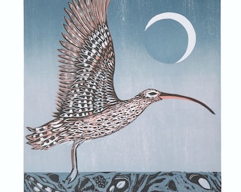 Limited Edition Woodcut Print: Curlew Bird Landscape, Beneath a January Sky II