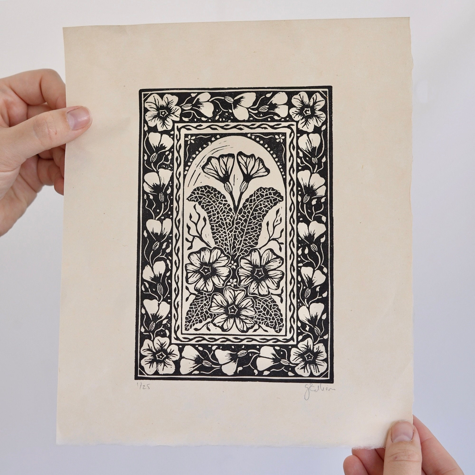 Primrose Linocut Print: Black Ink Floral Art, Limited Edition
