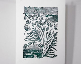 Two Tree Island Walk - Original Limited Edition Lino print, Botanical print, nature print, green ink print, floral print