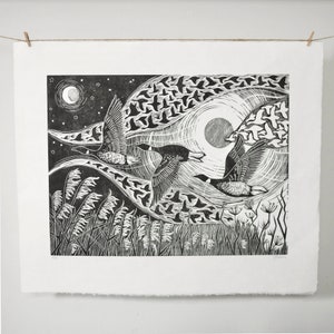 Winter Besucher - Original limitierter Linoldruck, Linoldruck, Vogeldruck, Gänsedruck, Gänsedruck, schwarzer Druck, Naturdruck