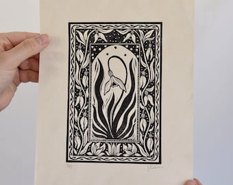 Snowdrop Linocut Print: Limited Edition Black Ink Nature Art