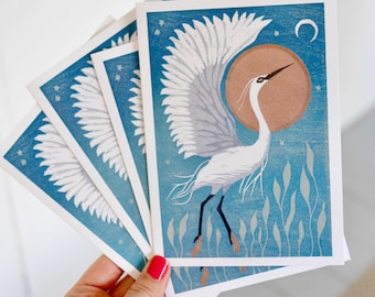 Little Egret - bird woodcut print Art/Greetings Card