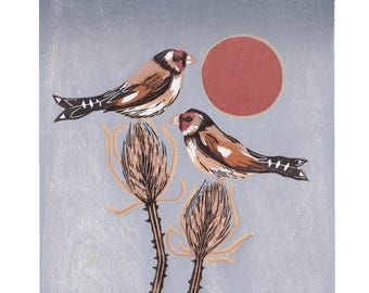Goldfinches Woodcut Print: Limited Edition Nature Art