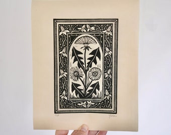 Dandelion Linocut Print: Limited Edition Black Ink Nature Art