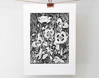 Poppies in the Park - Original Limited Edition Lino print, Linocut print, Botanical print, Hand printed, nature print, black ink print