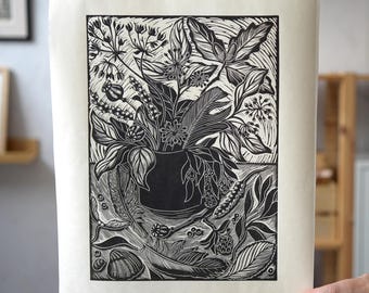 Botanical Autumn Treasures Linocut Print | Original Handmade Block Print | Nature Wall Art | Limited Edition