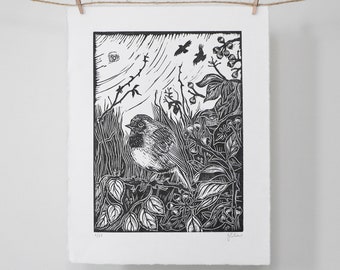 Robin dans le lierre - Impression lino originale en édition limitée, Impression linogravure, impression oiseau, impression à l'encre noire, impression noir, impression nature