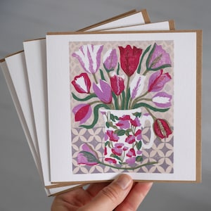 Tulips for Mum - floral still life woodcut print Art/Greetings Card