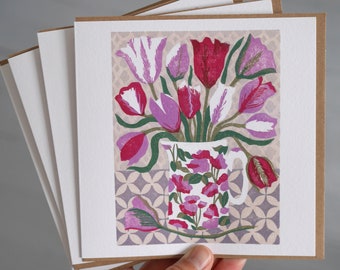 Tulips for Mum - floral still life woodcut print Art/Greetings Card