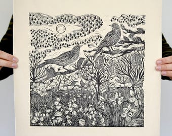 Spring Equinox Walk Linocut Print: Black Ink Bird Print, Limited Edition