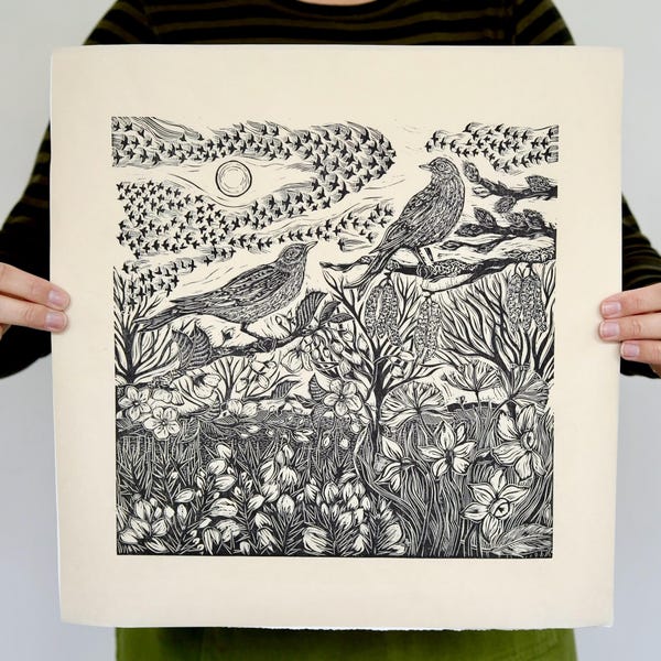 Spring Equinox Walk Linocut Print: Black Ink Bird Print, Limited Edition