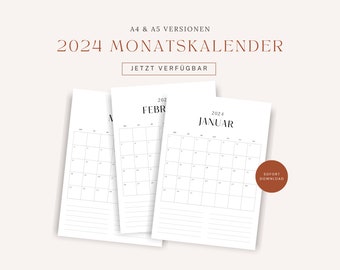 Minimalistischer Kalender 2024 monatlich, zum ausdrucken,  A4 und A5