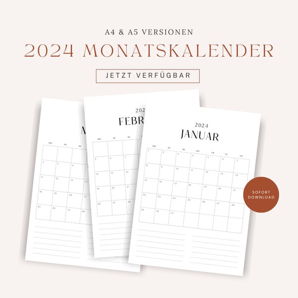 Minimalistischer Kalender 2024 monatlich, zum ausdrucken,  A4 und A5