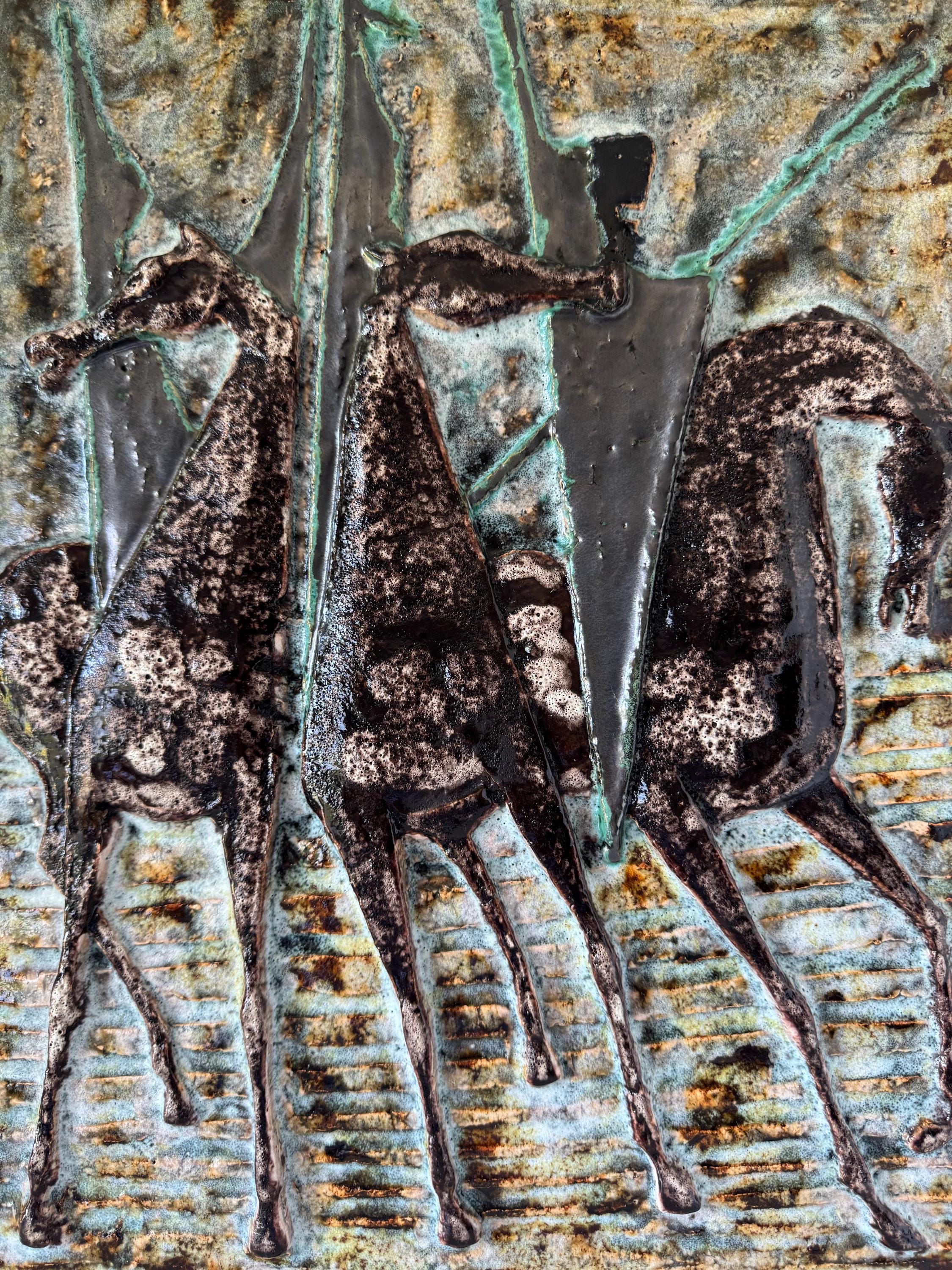 【d-194/k】ヴィンテージ ウォールプレート Ruscha 786 Ruscha XXL Wall Plate With Image of 3 Horses, Carried Out in 3 D