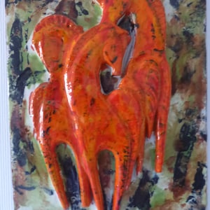 A Beautiful Ruscha Wall Plate With Image of 3 Orange Horses, carried out in 3 D, West Germany 1970.