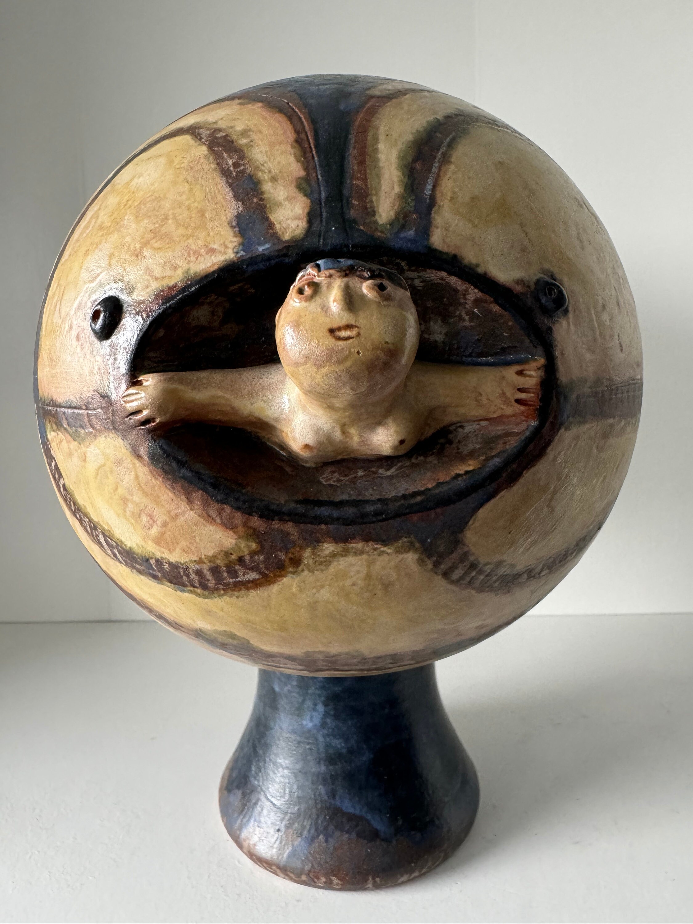 A Beautiful and very Rare XXL Eva Fritz Lindner Sculpture/Vase, depicting Jonas with Whale, this is a unique piece, West Germany 1970.
