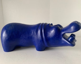 A rare Hippo from Karlsruhe Majolica, with beautiful blue glaze, Germany 1980.