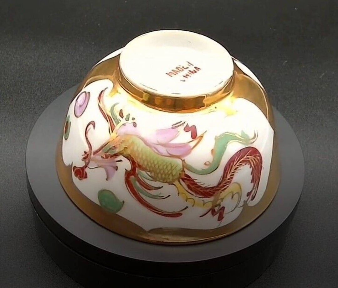 Chinese Dragon Rice Bowl and Spoon Gold Edges White Etsy