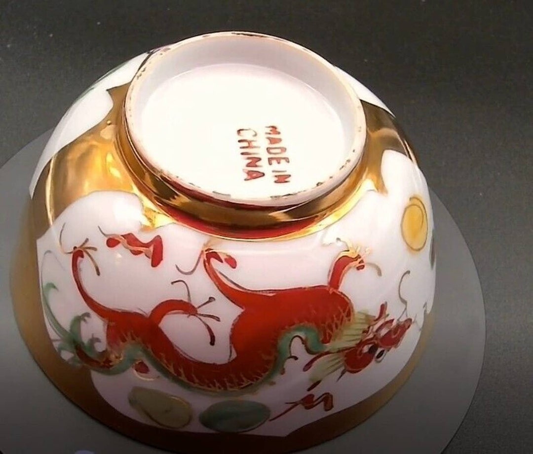 Chinese Dragon Rice Bowl and Spoon Gold Edges White Etsy