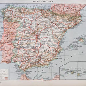 1922 Carte Espagne Politique Illustration  Carte ancienne Espagne affiche vintage - Impression vintage Planche originale 1912