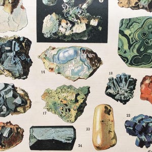 May include: A vintage illustration showcasing various mineral specimens. The image features a collection of colorful rocks and crystals, including examples with blue, green, and brown hues. Each specimen is numbered, providing a detailed look at the diverse world of minerals.