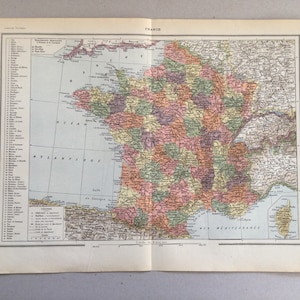 Map of France Illustration Old Map, Vintage Print, French Departments and Capitals
