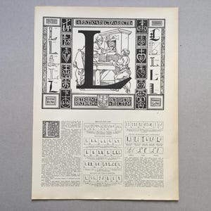 Impresión inicial vintage de la letra L. Impresión inicial del nombre, letra L del alfabeto caligráfico latino, 1922