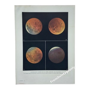 La Luna, Eclissi, Mappa Lunare, Colorazioni della Luna, Illustrazione Antica, Stampa Larousse, Poster Vintage