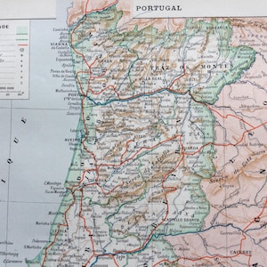 1922 Carte du Portugal, Impression vintage, illustration vintage d'une carte ancienne du Portugal, Planche originale