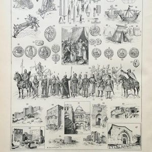 The Crusades - Old Illustration The Crusades, knights, Crusaders - Old Illustration Vintage Larousse Poster Large format