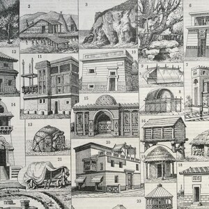 1933 Architectuurhuis, Santorinihuis, Perspectief, plattegronden, Originele geïllustreerde plaat Larousse Vintage poster