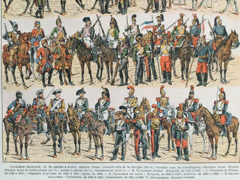 Cavalrt Color Cavalry Riders Horses Small Format Infantry Original Plate Vintage ...