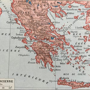 1920 Antikes Griechenland, Modernes Griechenland, Landkarten, Vintage Druckkarte von Griechenland, Original Larousse Vintage Poster Kleines Format
