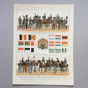 1912 Belgique Armée belge, Pavillon de la Belgique, Armes, Carte ancienne Belgique affiche vintage carte Impression vintage