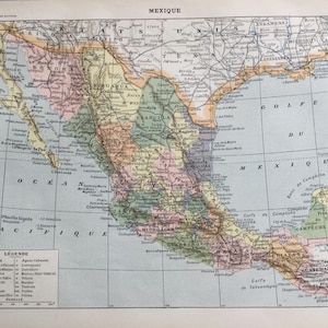 Mexique, Grand format, Ancienne carte du Mexique, Mexico map, mexico painting, Mexico art, carte ancienne vintage du Mexique