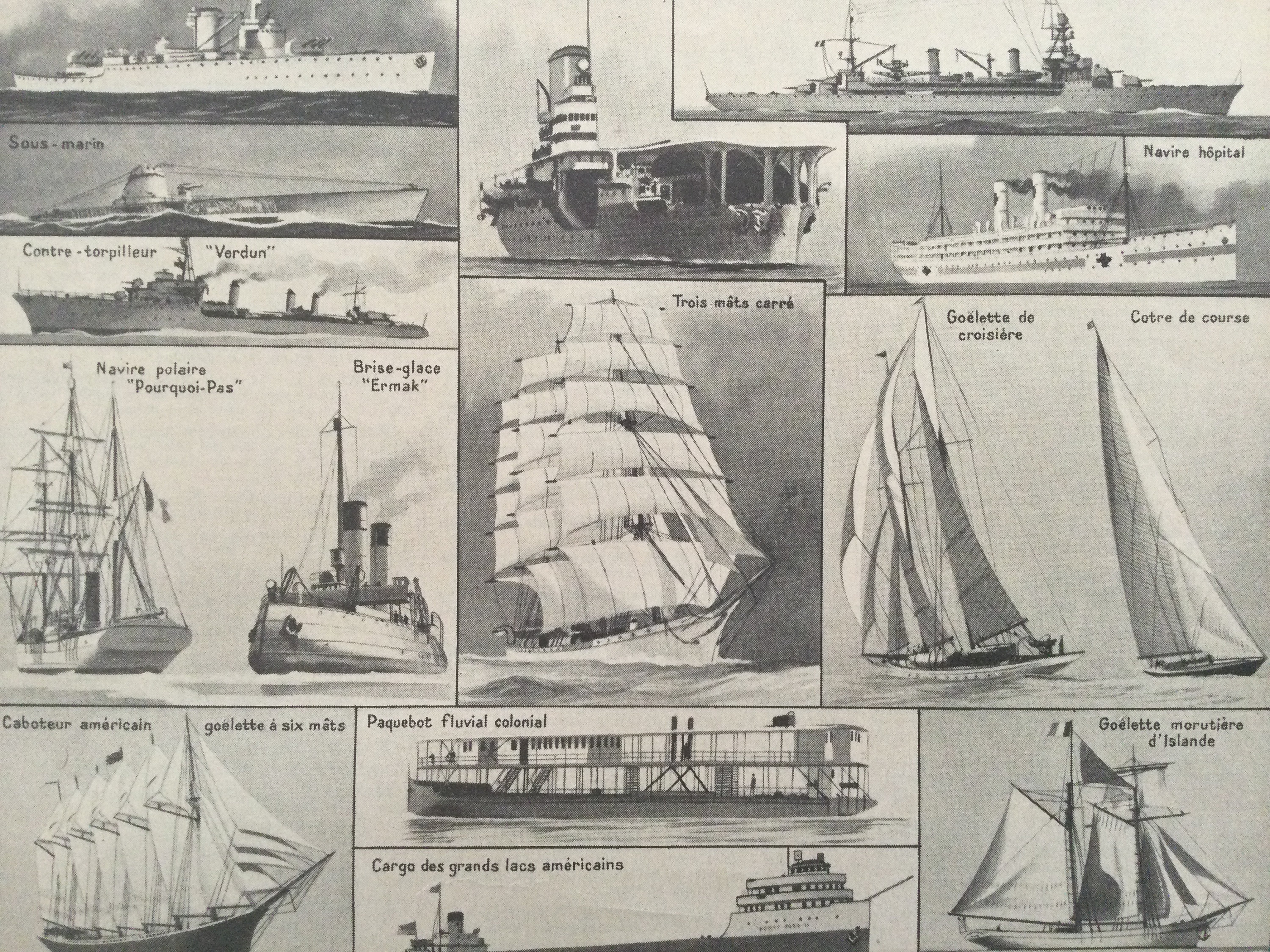 Navires -Navigation - Péniche, Bateau Canonnier, Chalutier Planche Originale- Antique France Print V